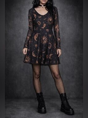 Celestial Sun Moon Skull Dress Goth Witchy Mesh Long Sleeve Size L